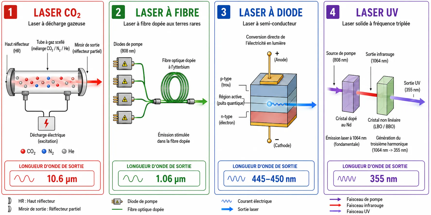 Sch&eacute;ma comparatif des m&eacute;canismes de g&eacute;n&eacute;ration du faisceau pour les lasers CO2, fibre, diode et UV